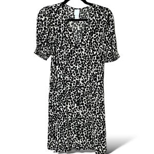 H&M 100% Viscose Button Front Mini Dress Puff Sleeves Animal Print Sz XXS NWOT